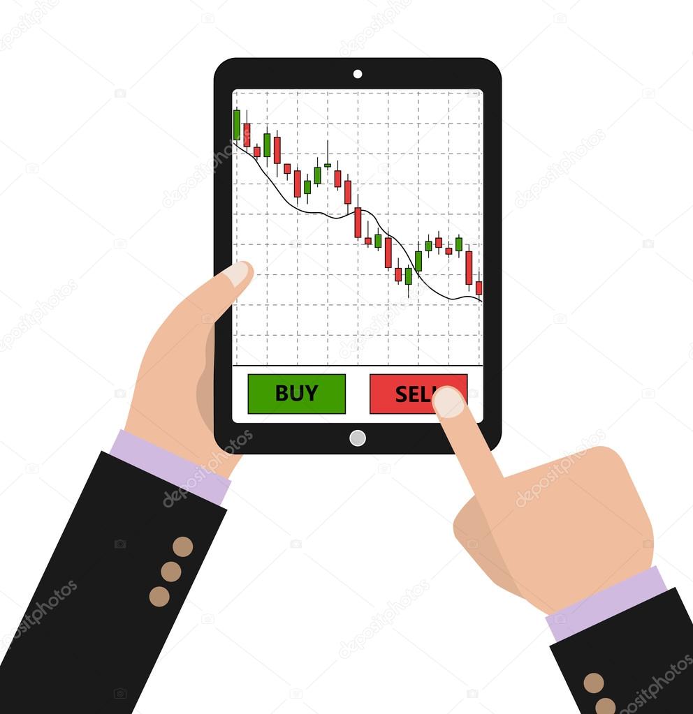 Hand holding tablet with forex stock chart.