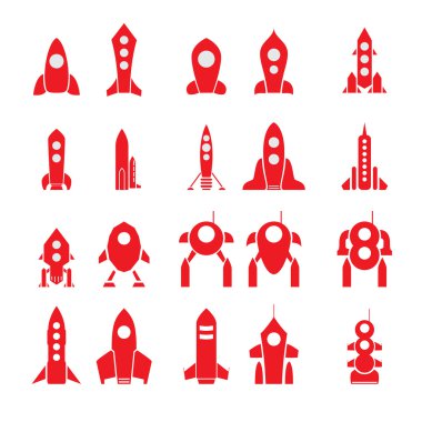20 vektör karikatür roket siluetleri izole kümesi.