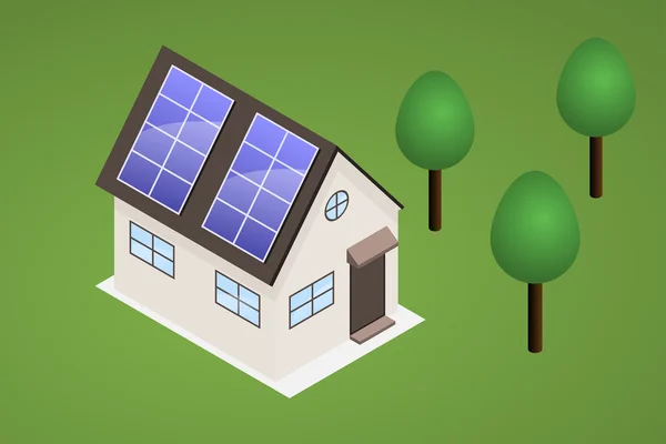 Isometric house on lawn with trees. House has solar panels on th — Stock Illustration Isometric house on lawn with trees. House has solar panels on th Stock Vector