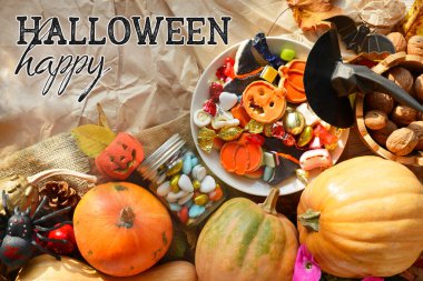 Bir kase çikolata ve şeker, Cadılar Bayramı Jack o Lantern kurabiyeleri - taze Cadılar Bayramı balkabağı, kabak, kabak, kabak ya da Cadılar Bayramı kartı geçmişi