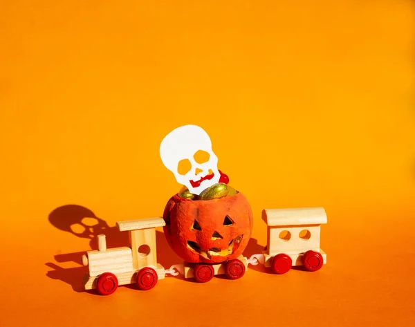 Boldog Halloween Kártya Jack Lámpás Tök Halloween Cukorka Édességek Tál — Stock Fotó