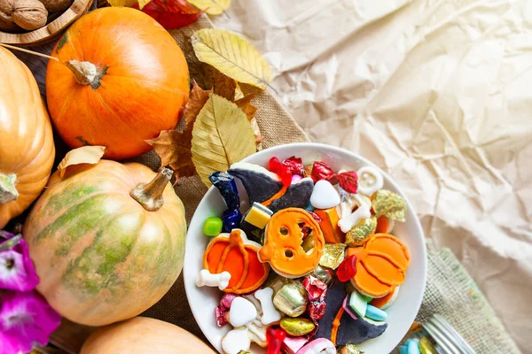 Bonbónová Mísa Čokolády Bonbónů Halloween Jack Lantern Cookies Čerstvé Halloween — Stock fotografie