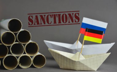 Gaz boruları ve Rusya bayrağı, Almanya. soyut vizyon Nord Stream 2 ABD yaptırımı