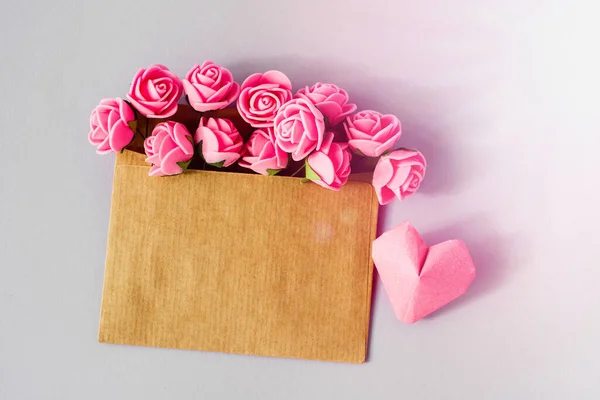 Happy Valentine Day Card Paper Hearts Flowers Falling Envelope Romantic — Stock Photo, Image
