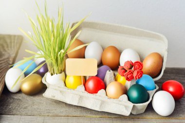 Yumurta tepsisindeki renkli yumurtalar, Mutlu Paskalya kartları arka planı