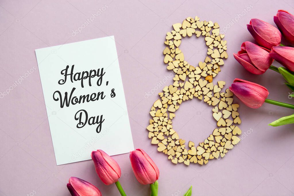 Happy Internationa Women's Day greeting card, March 8 or birthday, Number eight 8 from paper hearts and tulip flowers