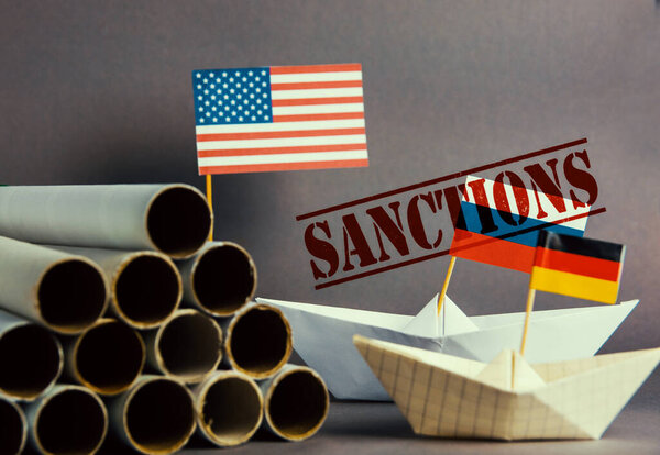 abstract vision Nord Stream 2, flag USA american, russia, germany EU sanction concept gas pipes