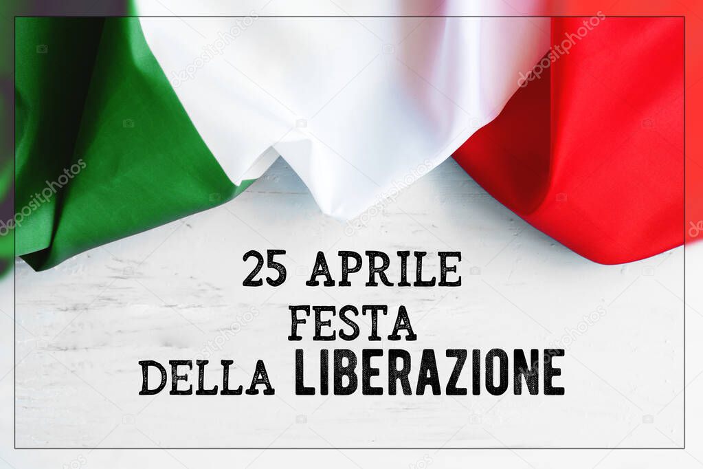  April 25 Liberation Day text in italian national holiday card, patriotic background flag of Italy