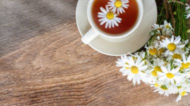  Bir fincan papatya çayı ve taze papatya çiçeği arkaplanı, tedavi ve bağışıklık konsepti, ilaç