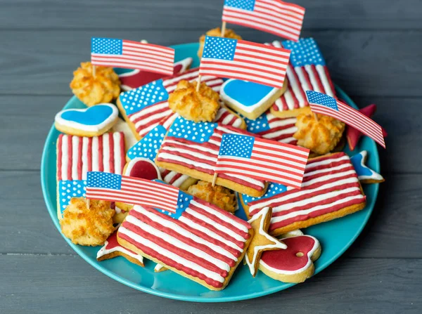 Flagge Glasierte Kekse Amerikanischen Patriotischen Hintergrund Für Nationalfeiertage — Stockfoto