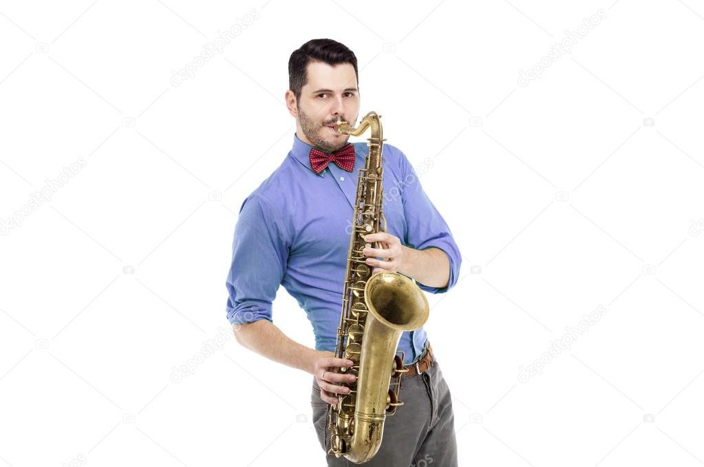 saxophone player in gray blue shirt with  bowtie,  isolated on white