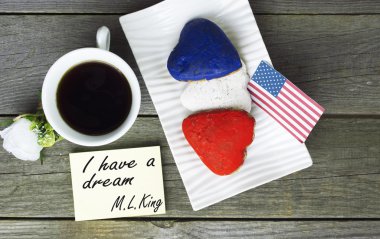 Heart shape american flag colors,  patriotic breakfast. cup of c