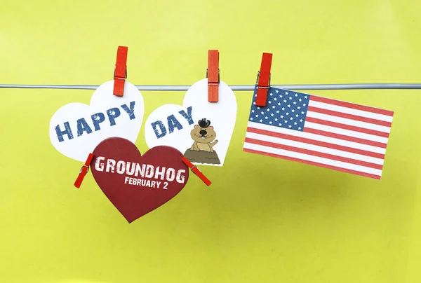 White hearts - cute face groundhog and text Happy Groundhog Day — Stock Photo, Image