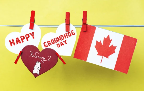 White hearts - cute face groundhog and text Happy Groundhog Day. — Stock Photo, Image