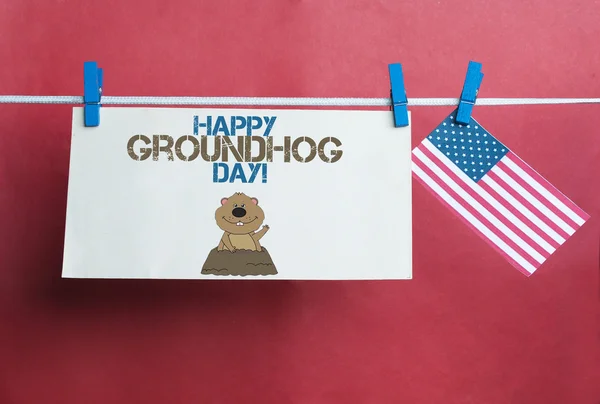 White envelope, cute face groundhog and text Happy Groundhog Day — Stock Photo, Image