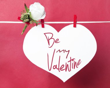 clotheslin üzerinde asılı büyük beyaz kalp ve çiçek beyaz gül