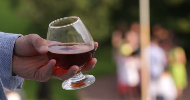 Mannen Pak Met Een Glas Wijn Het Feest Man Houdt — Stockvideo