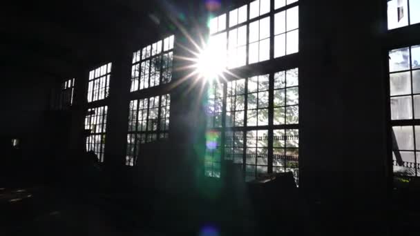Glare Sun Stained Glass Windows Old Factory — Stock Video
