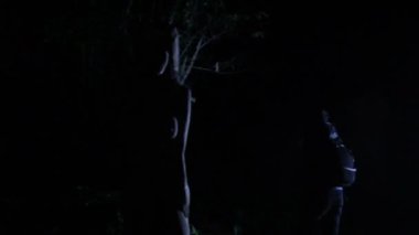 Geceleri, ormanda feneri olan bir turist ahşap bir ev arar.