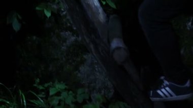 Geceleri, ormanda feneri olan bir turist ahşap bir ev arar.