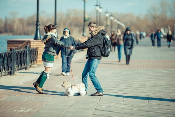 Uomo e donna che camminano con il loro cane per strada . — Foto Stock