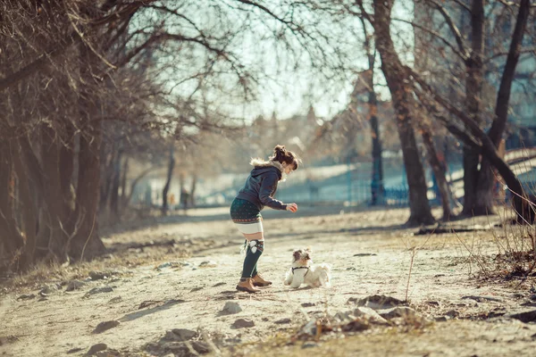 Девушка играет со своей собакой в парке . — стоковое фото