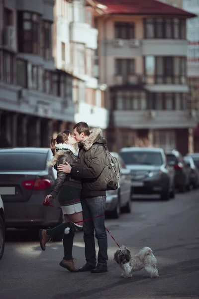 Hombre y mujer paseando con su perro en la calle . —  Fotos de Stock