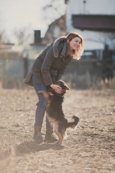 Güneş ışığı arka bahçede bir köpeğe kız çalış. — Stok fotoğraf
