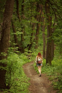Young redhead girl walking through fresh green forest. Tourism concept. clipart