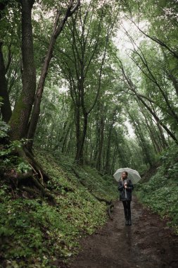 Genç kız şemsiye ile yağmurlu bir ormanda yürürken. 