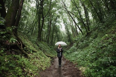 Genç kız şemsiye ile yağmurlu bir ormanda yürürken. 