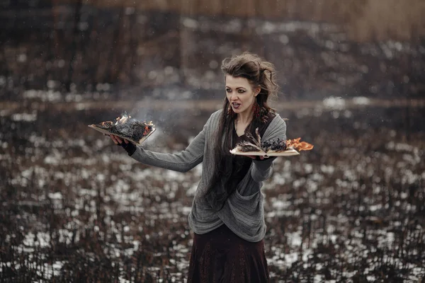 邪悪な魔女が焼けた野原に魔法の呪文をキャスト. — ストック写真