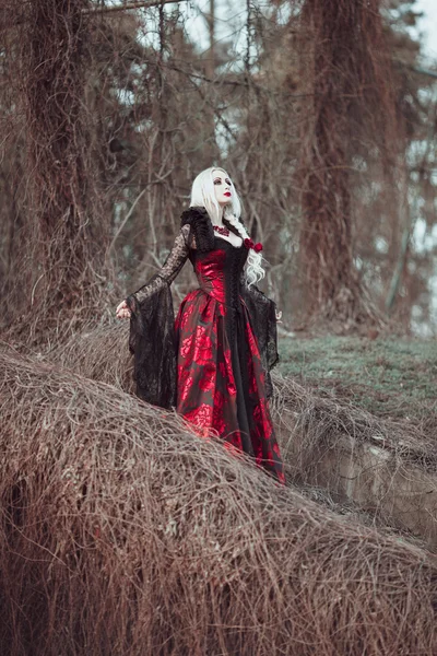 Bella donna wBeautiful donna con lunghi capelli biondi in vecchio vestito rosso stile a piedi attraverso morti garden.ith lunghi capelli biondi in vecchio vestito rosso stile — Foto Stock