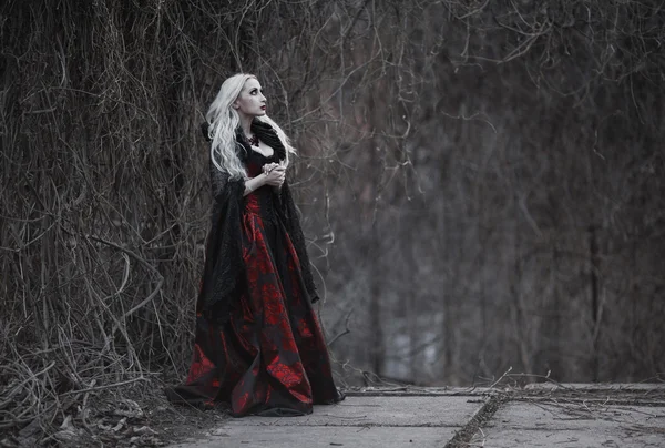 古い昔ながらの赤いドレスの長いブロンドの髪を持つ美しい女性 — ストック写真