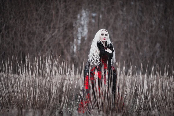 Beautiful woman with long blonde hair in old fashioned red dress — Stock Photo, Image