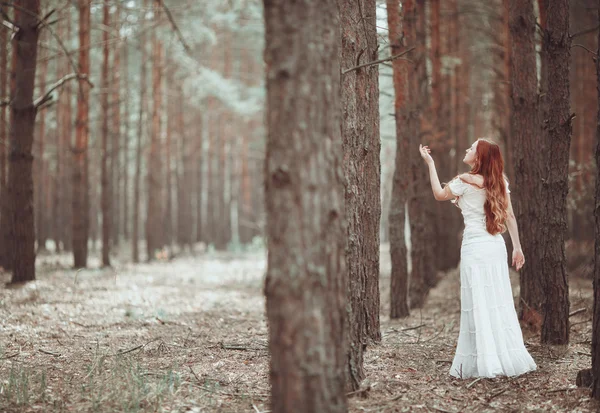 Menina de gengibre em vestido branco andando na floresta de pinheiros . — Fotografia de Stock