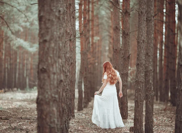 Menina de gengibre em vestido branco andando na floresta de pinheiros . — Fotografia de Stock