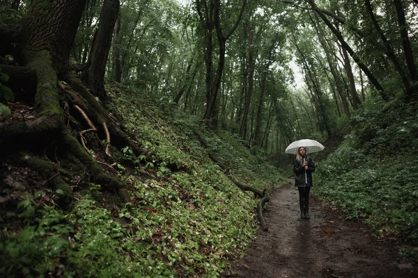 Ung flicka vandrar genom en regnig skog med paraply. — Stockfoto