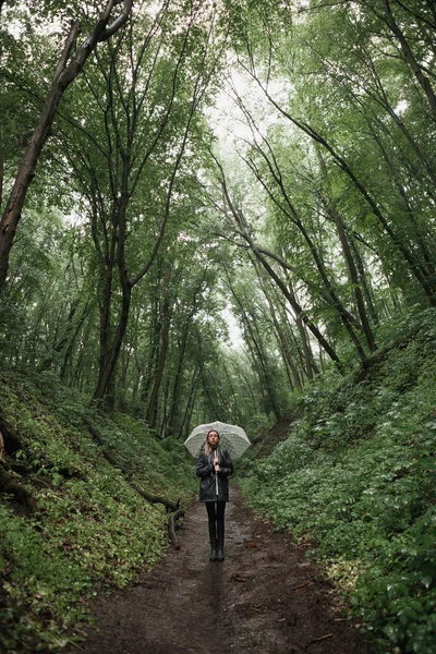 Chica joven caminando a través de un bosque lluvioso con paraguas . —  Fotos de Stock