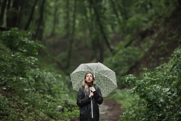 Genç kız şemsiye ile yağmurlu bir ormanda yürürken. 