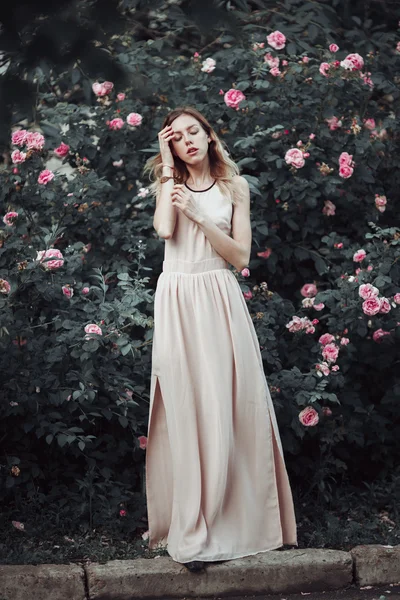 Piękna młoda dziewczyna w modny różowy sukienka zapach róż. Bajki. Mody. Fantasy — Zdjęcie stockowe