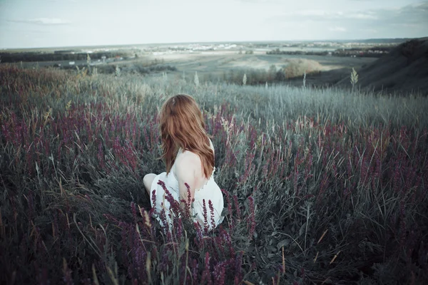 Hermosa chica en el campo de flores de salvia . — Foto de Stock