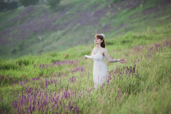 Hermosa chica en el campo de flores de salvia . — Foto de Stock