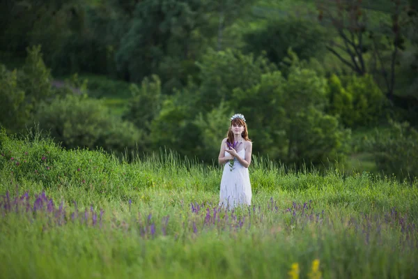 Schönes Mädchen im Salbeiblumenfeld. — Stockfoto