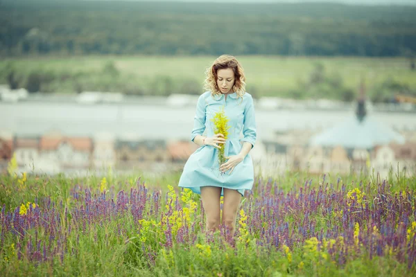 Jeune fille en robe vintage marchant à travers le champ de fleurs de sauge . — Photo