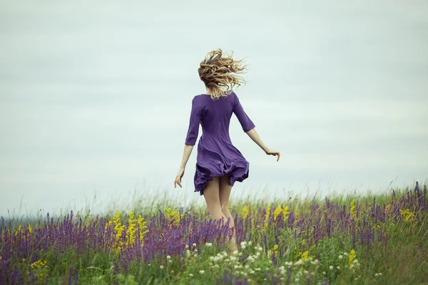 Chica joven en vestido vintage caminando por el campo de flores de salvia . —  Fotos de Stock