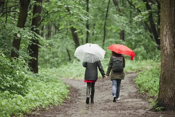 Two girls walking in the rainy forest. Friendship concept Stock Image