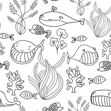 Black and white oceanic sea seamless pattern with cute whale. Great background for sea party invitation or tile textile.