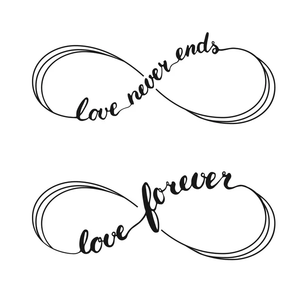 Infinito tatuaje símbolo de amor con signo de infinito. Texto escrito a mano en caligrafía Love Forever y Love Never Ends — Archivo Imágenes Vectoriales