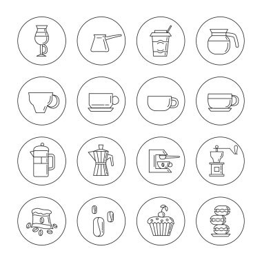 Dairelerde 16 doğrusal kahve simgeleri set kahve fincanları, kahve makinesi, macaroons dahil. Beyaz izole